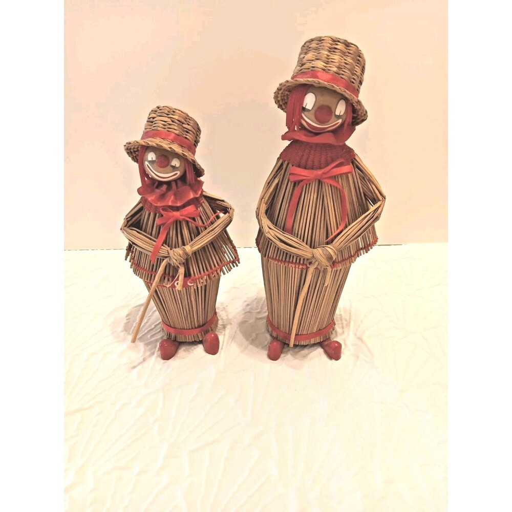 Vintage Wicker Straw Clown Dolls Pair Handmade Folk Art Red 1970s Decor